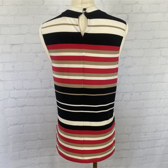 ⭐ 3/$15 Tommy Hilfiger Medium White Black Pink Tan Stripe Ruched Blouse Tank Top - Picture 5 of 9